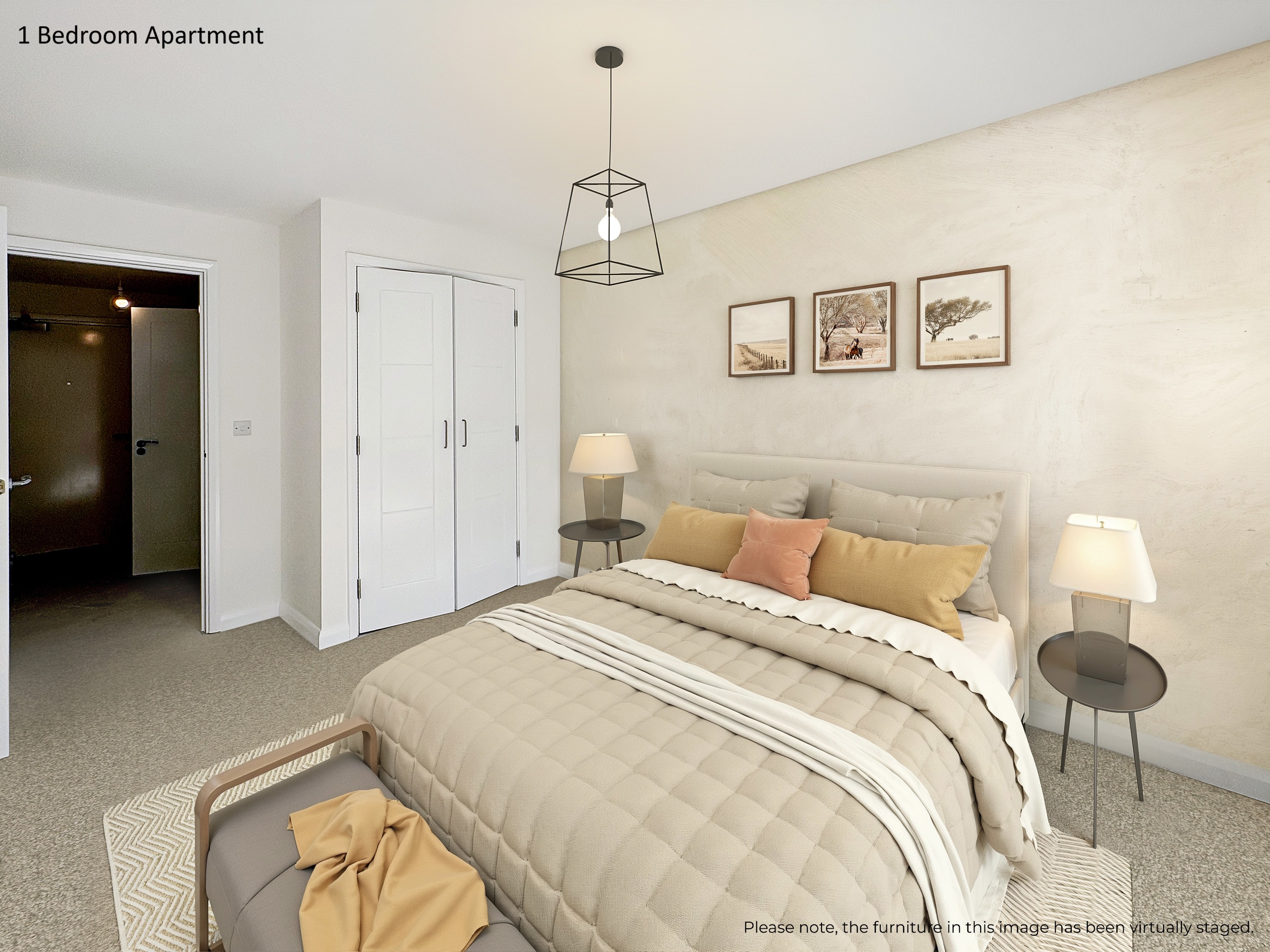 Virtual Staging of a bedroom in a 1 bedroom apartment at The Orchards